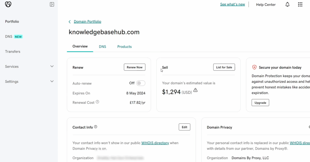GoDaddy Auctions dashboard listing a domain for sale